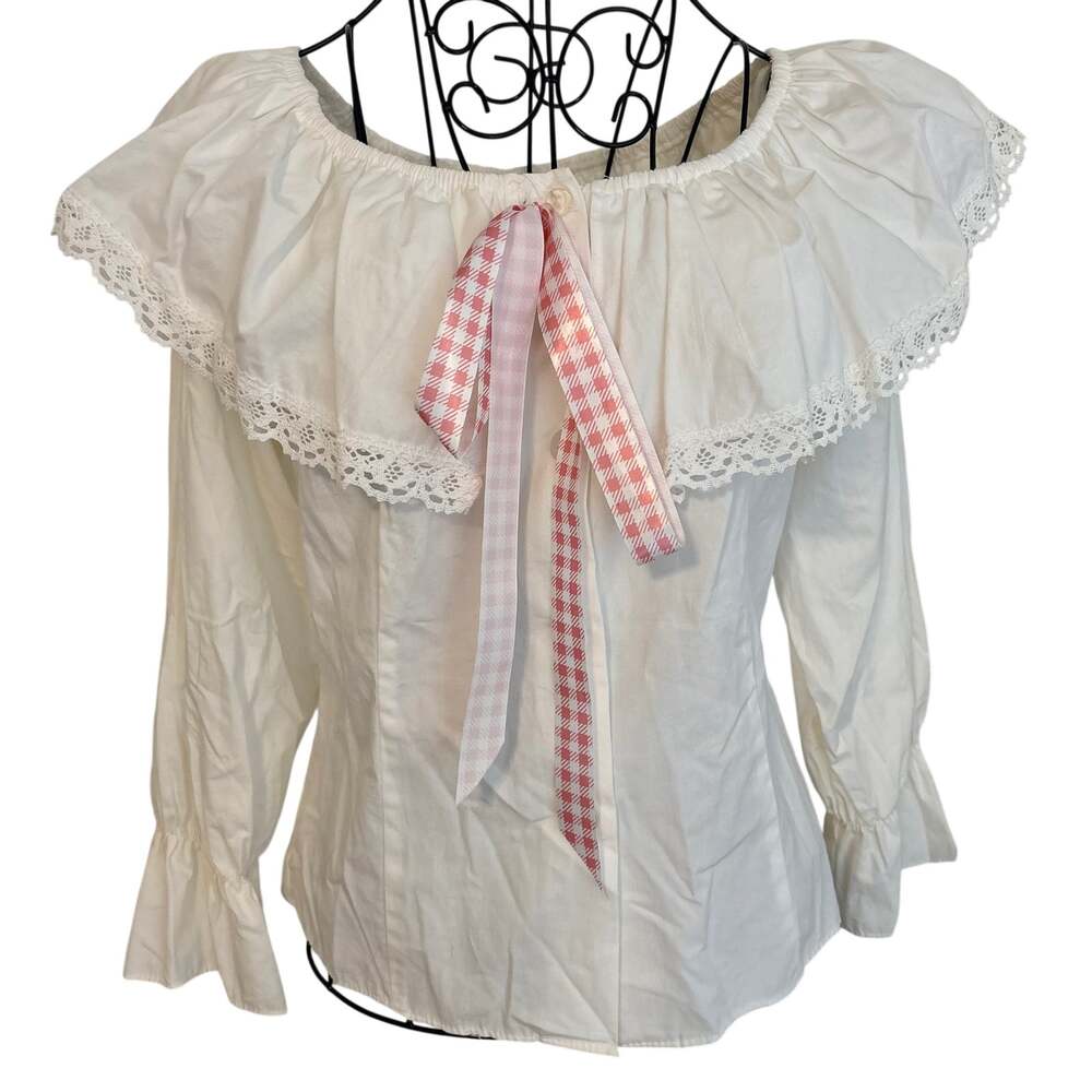 Vintage 80's TD Sport USA Ruffled Victorian Prairie Blouse w/ Bow Cottage Boho